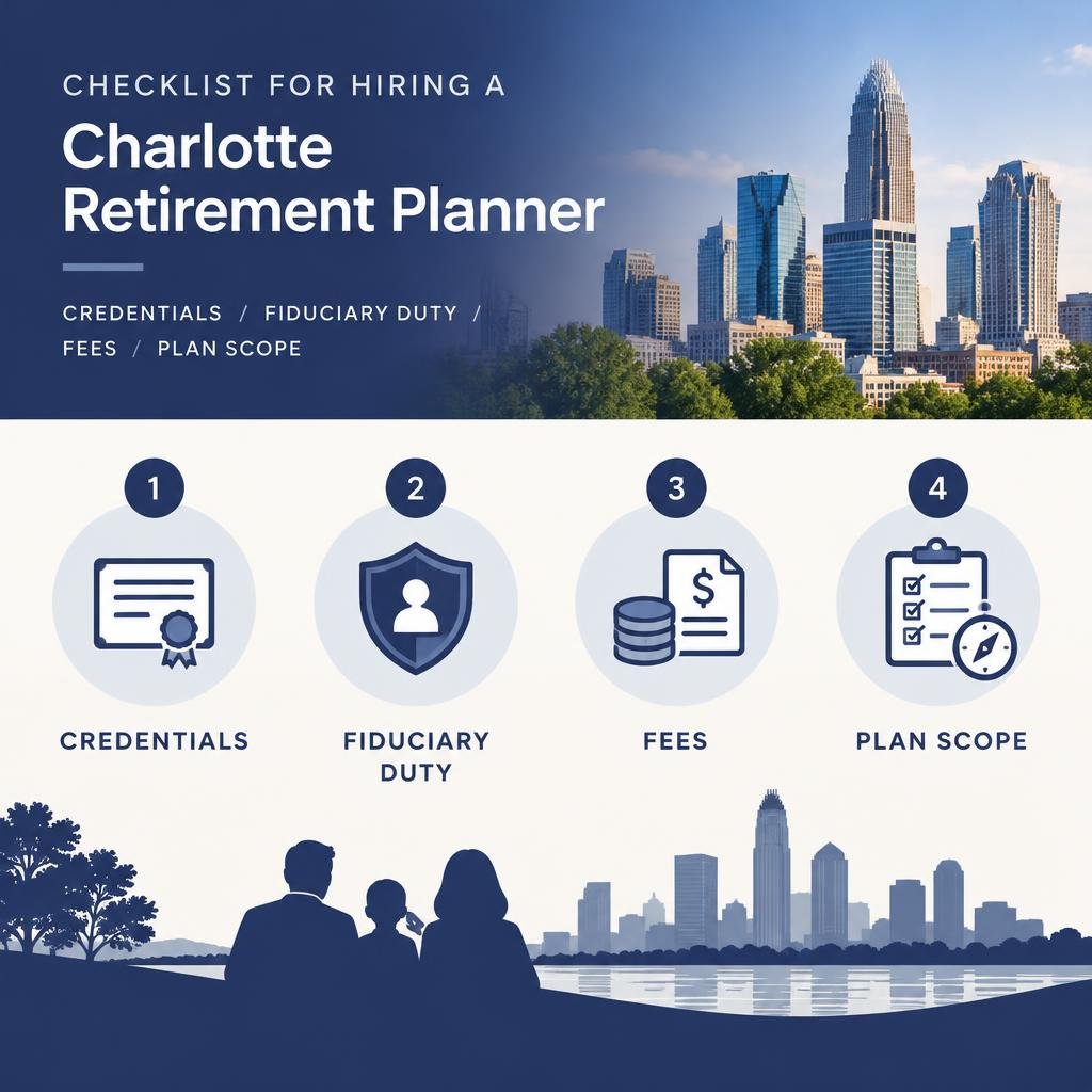 Checklist for hiring a Charlotte retirement planner: credentials, fiduciary duty, fees, and plan scope infographic Checklist for hiring a Charlotte retirement planner: credentials, fiduciary duty, fees, and plan scope infographic