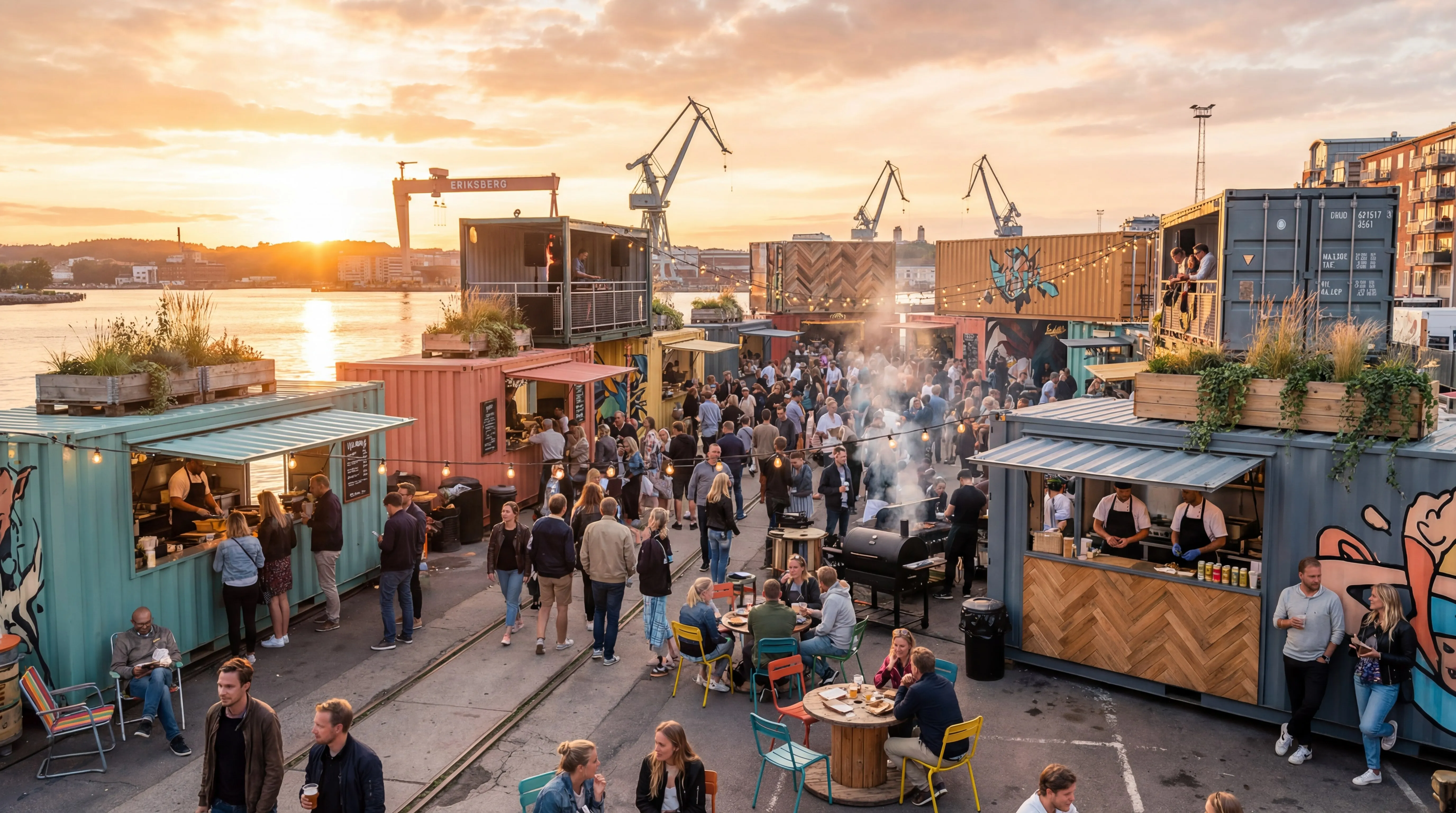 Street food-område med containerbarer och besökare vid hamnen i solnedgång