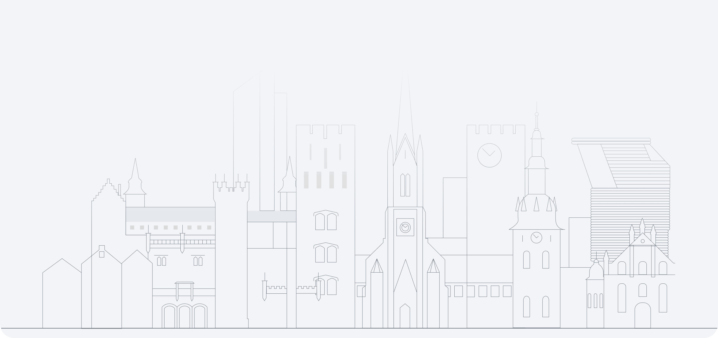 Minimalistic line drawing of Oslo city skyline featuring historic and modern buildings.