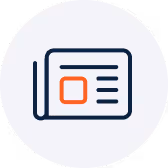 Icon of a newspaper with text lines and a highlighted square representing an article on a light circular background.