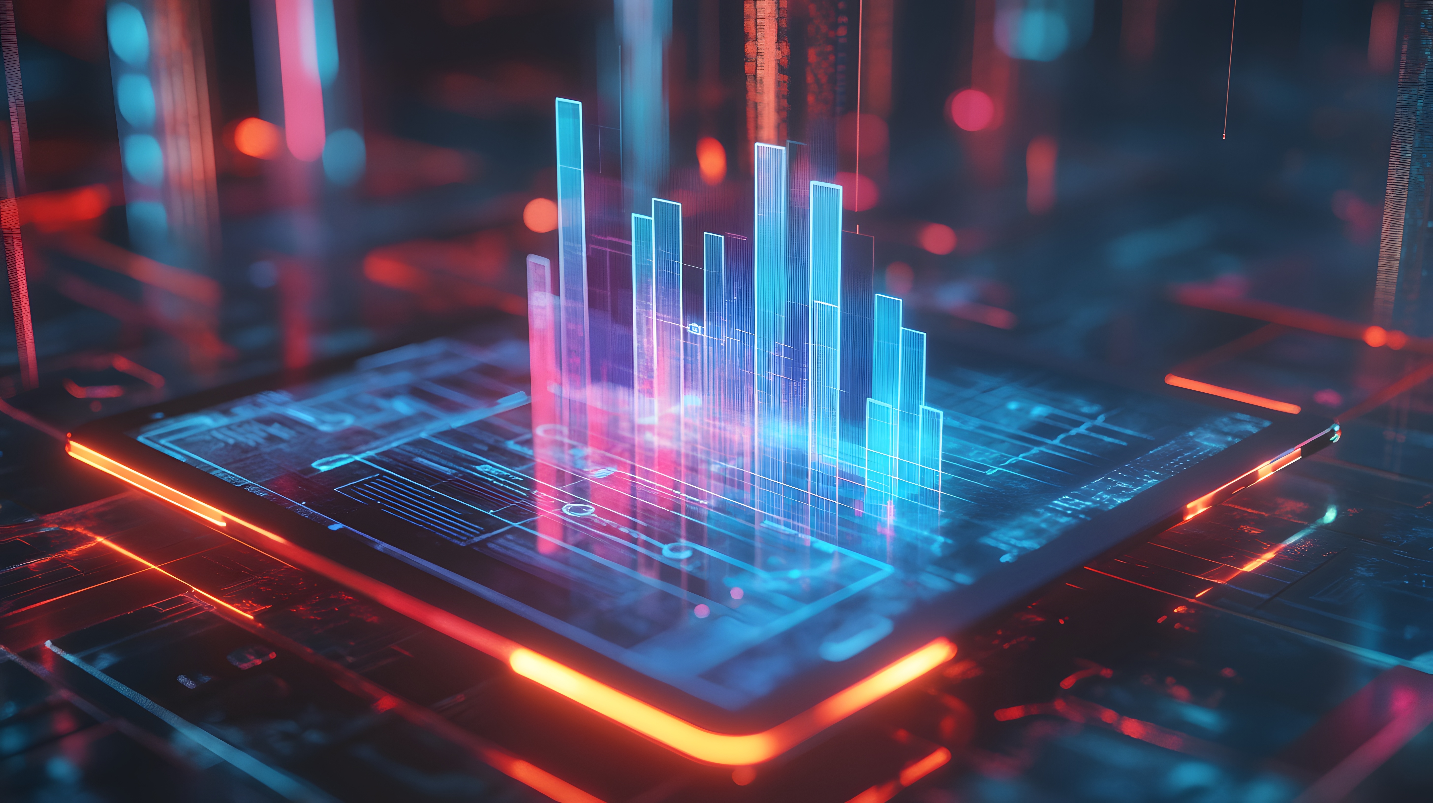 Futuristic glowing tablet displaying a holographic bar chart in a dark, high-tech environment.