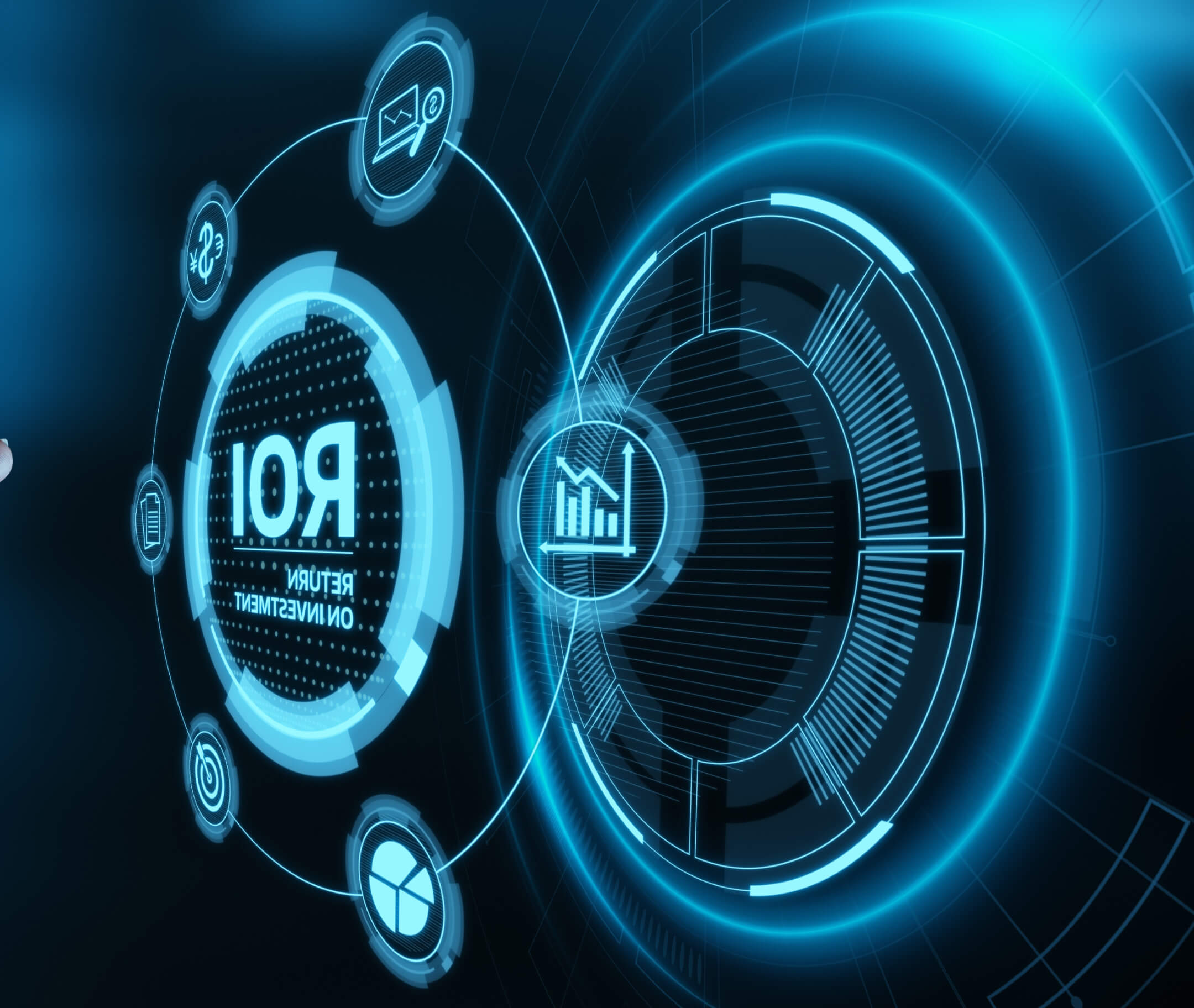 Futuristic glowing tablet displaying a holographic bar chart in a dark, high-tech environment.