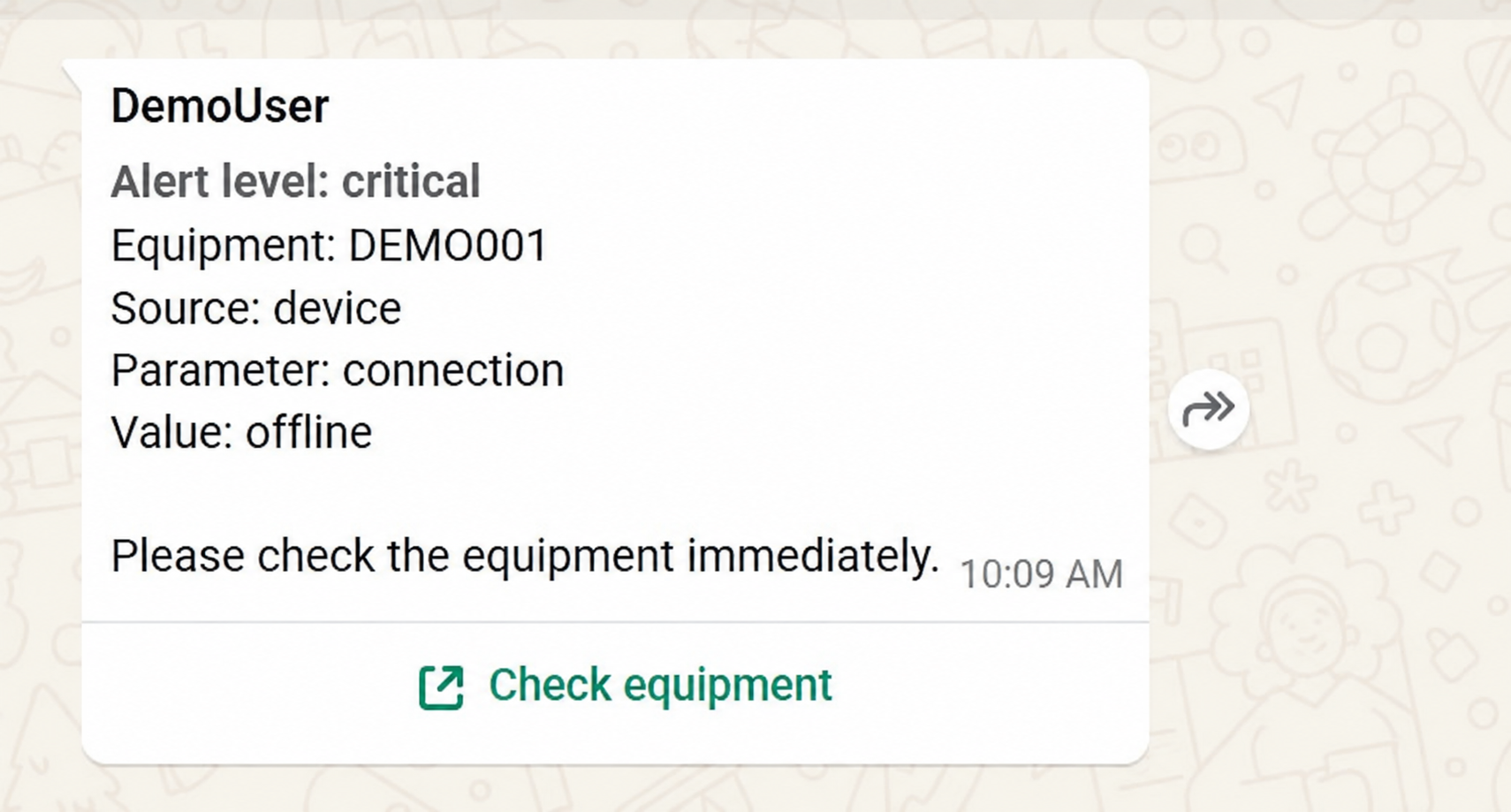 Example WhatsApp connectivity alert showing demonstration equipment DEMO001 offline