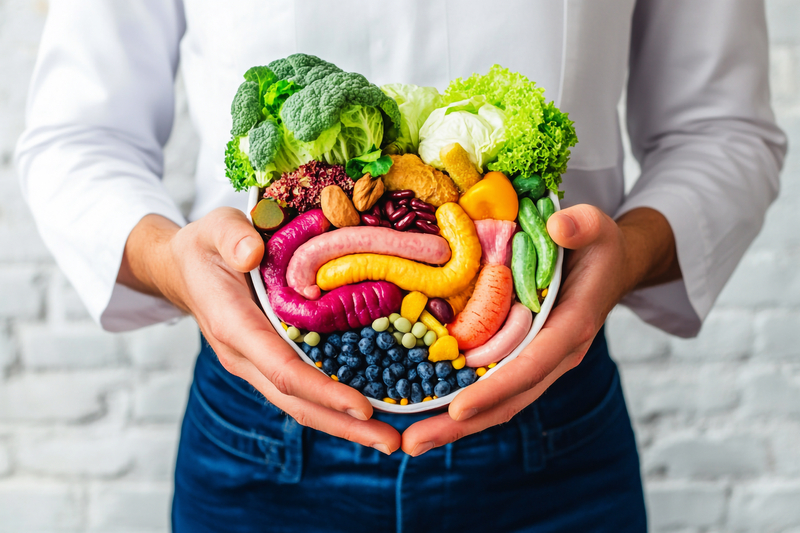 A man holding a plate of healthy food, surrounded by visual elements representing digestive health and gut flora.