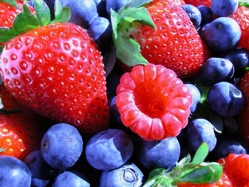 strawberries, blueberries, and raspberries.
