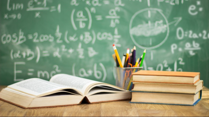 textbooks, pencil, chalk board 