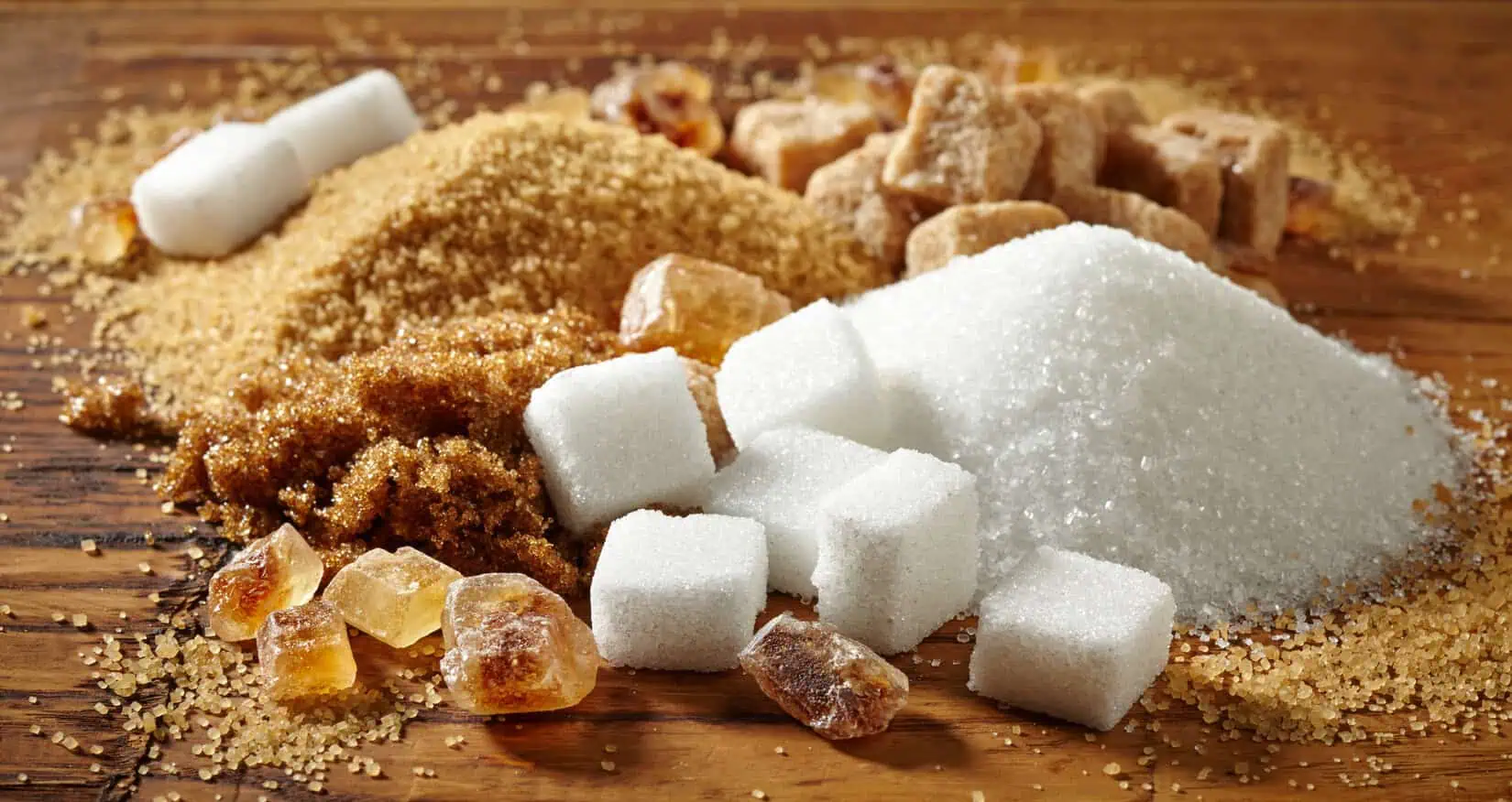 various sugars in a closeup piled on a wooden surface