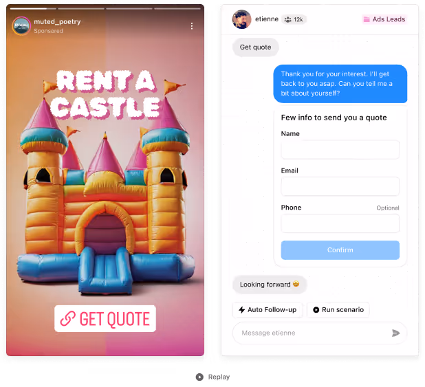 Instagram Story Ad and Instagram chat with customer