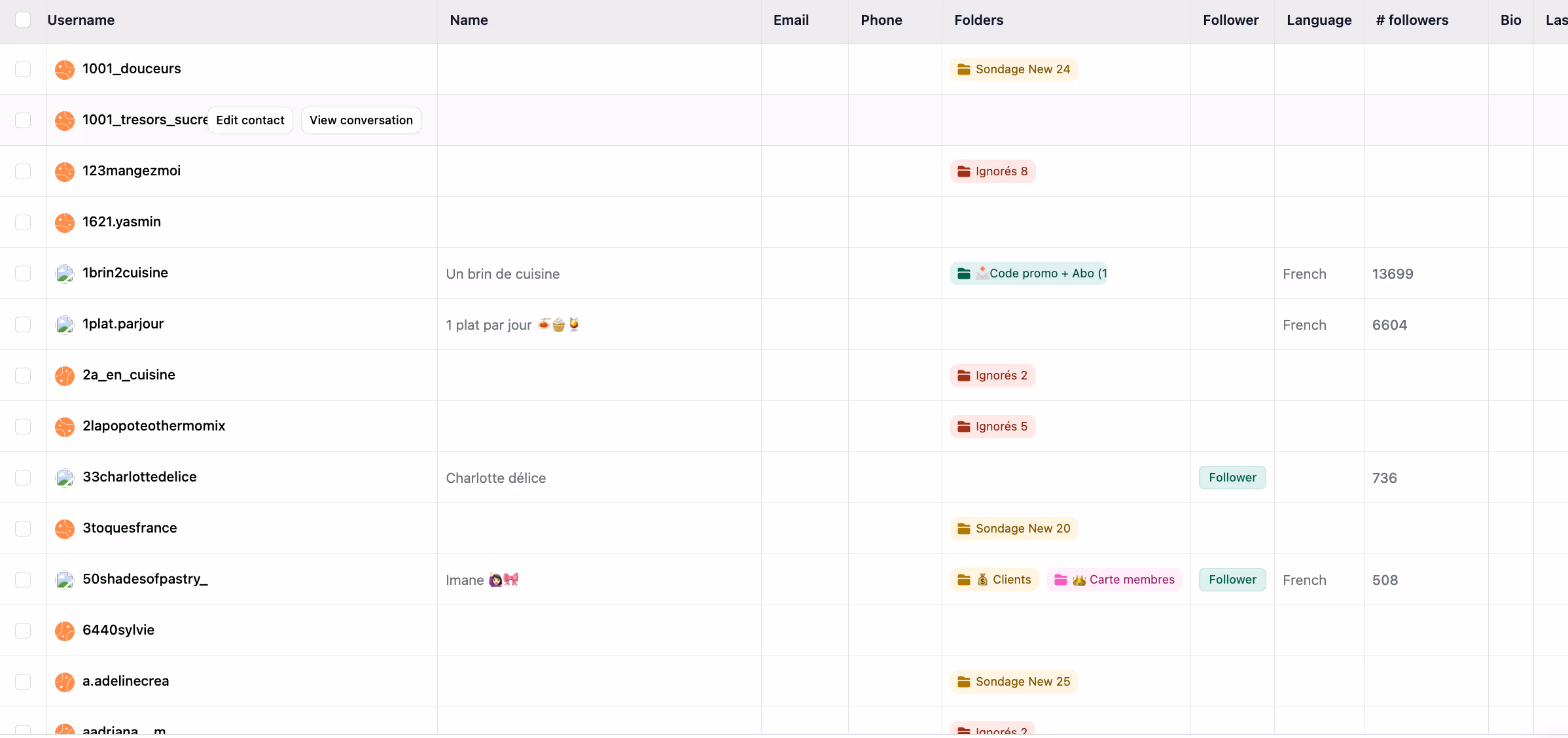 Instagram audience CRM view