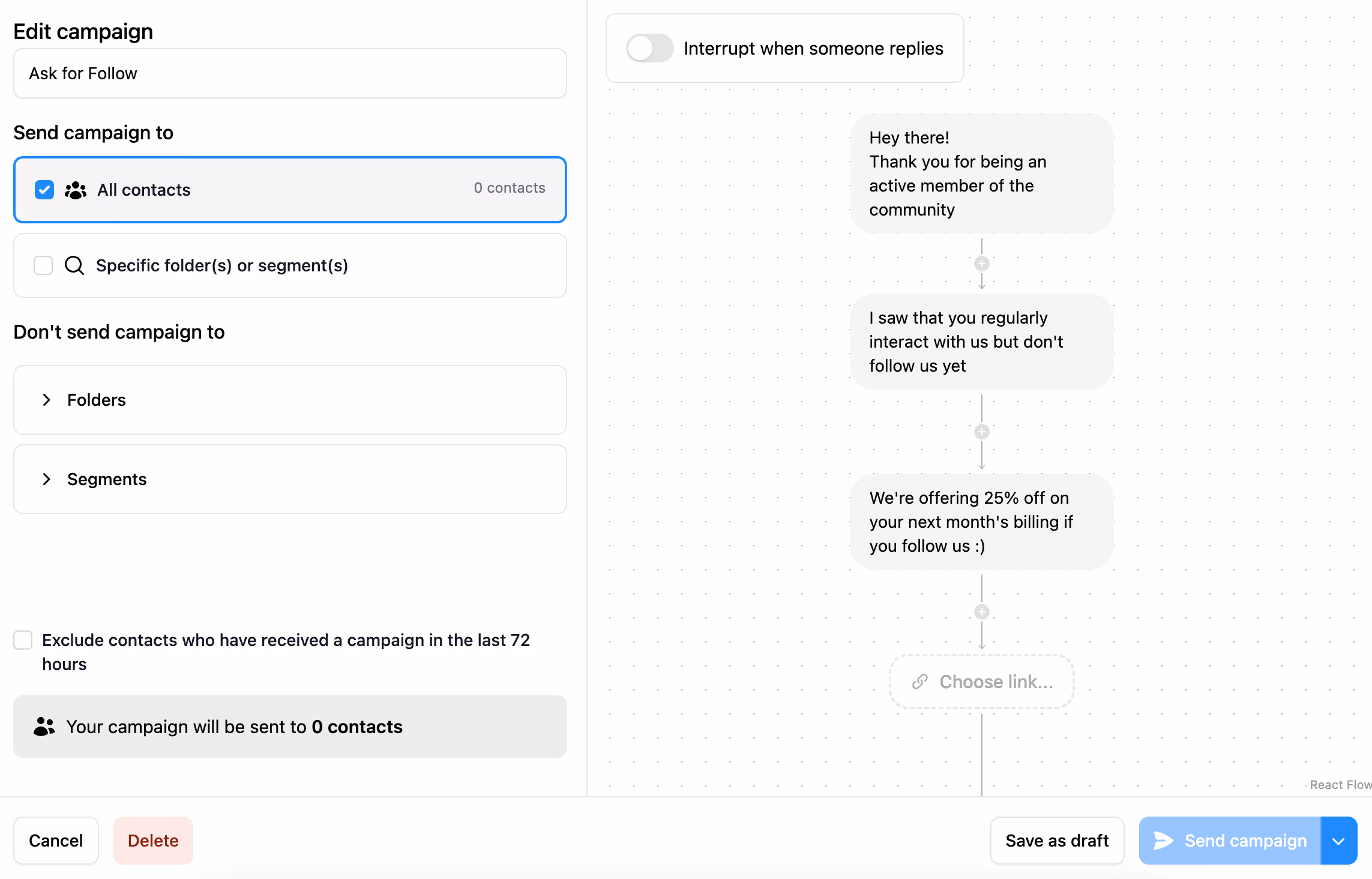 Instagram direct message view with automation