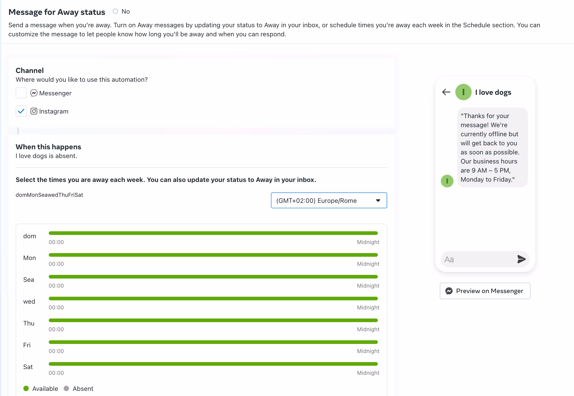 meta business suite message for away set up