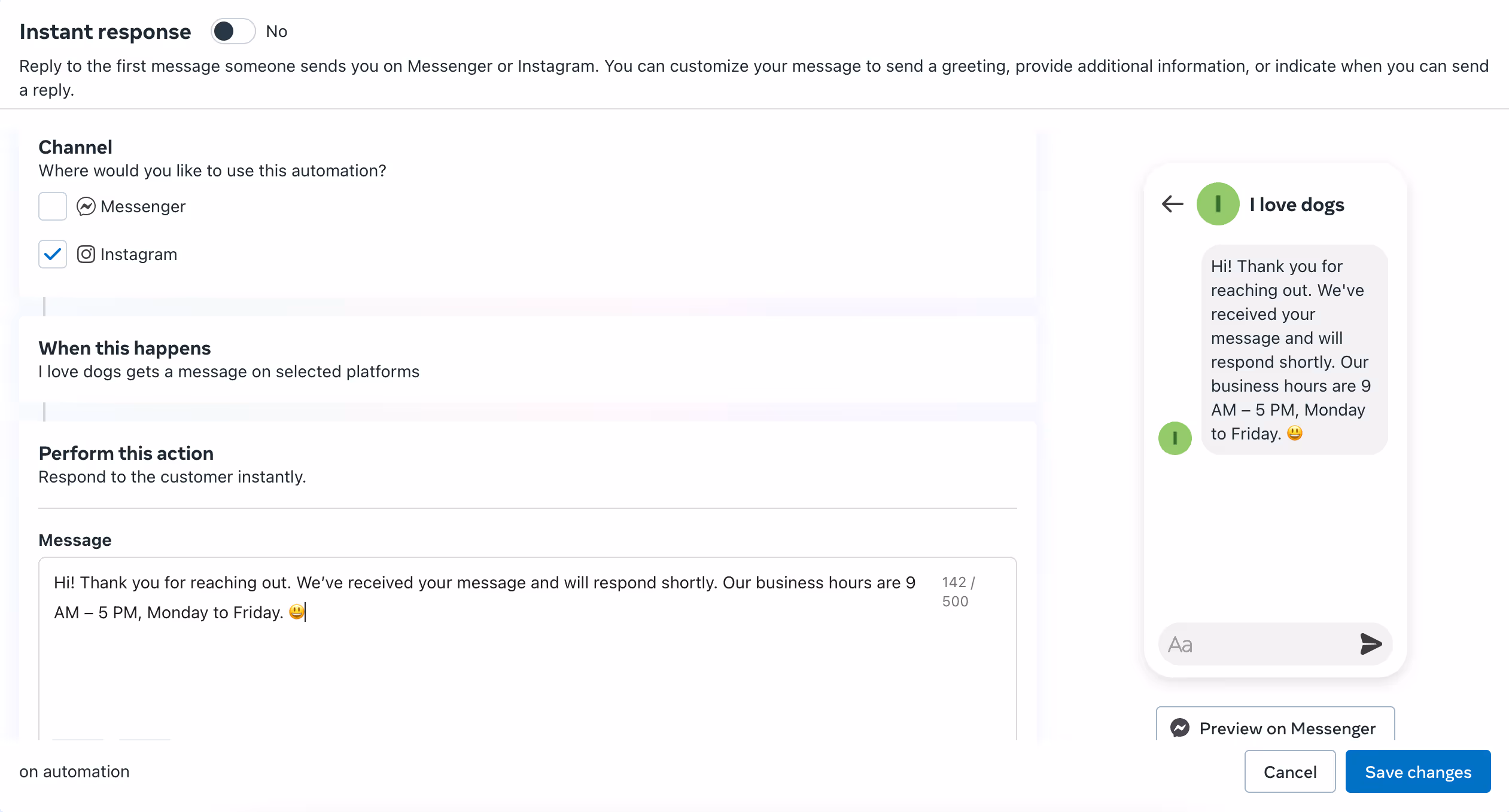 Meta business suite view of instant responses