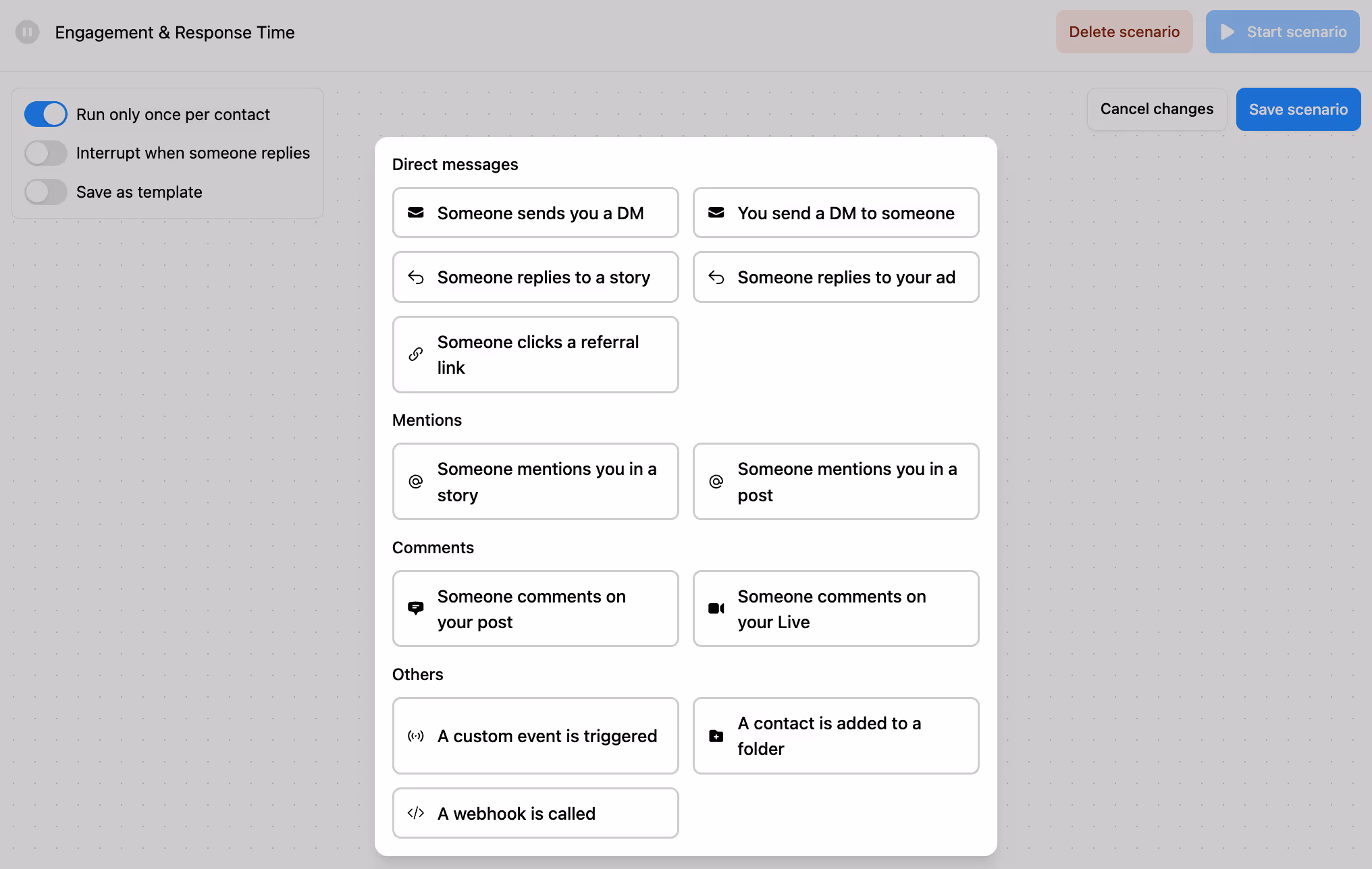 Inrō's automation scenario showing engagement and response time management on Instagram