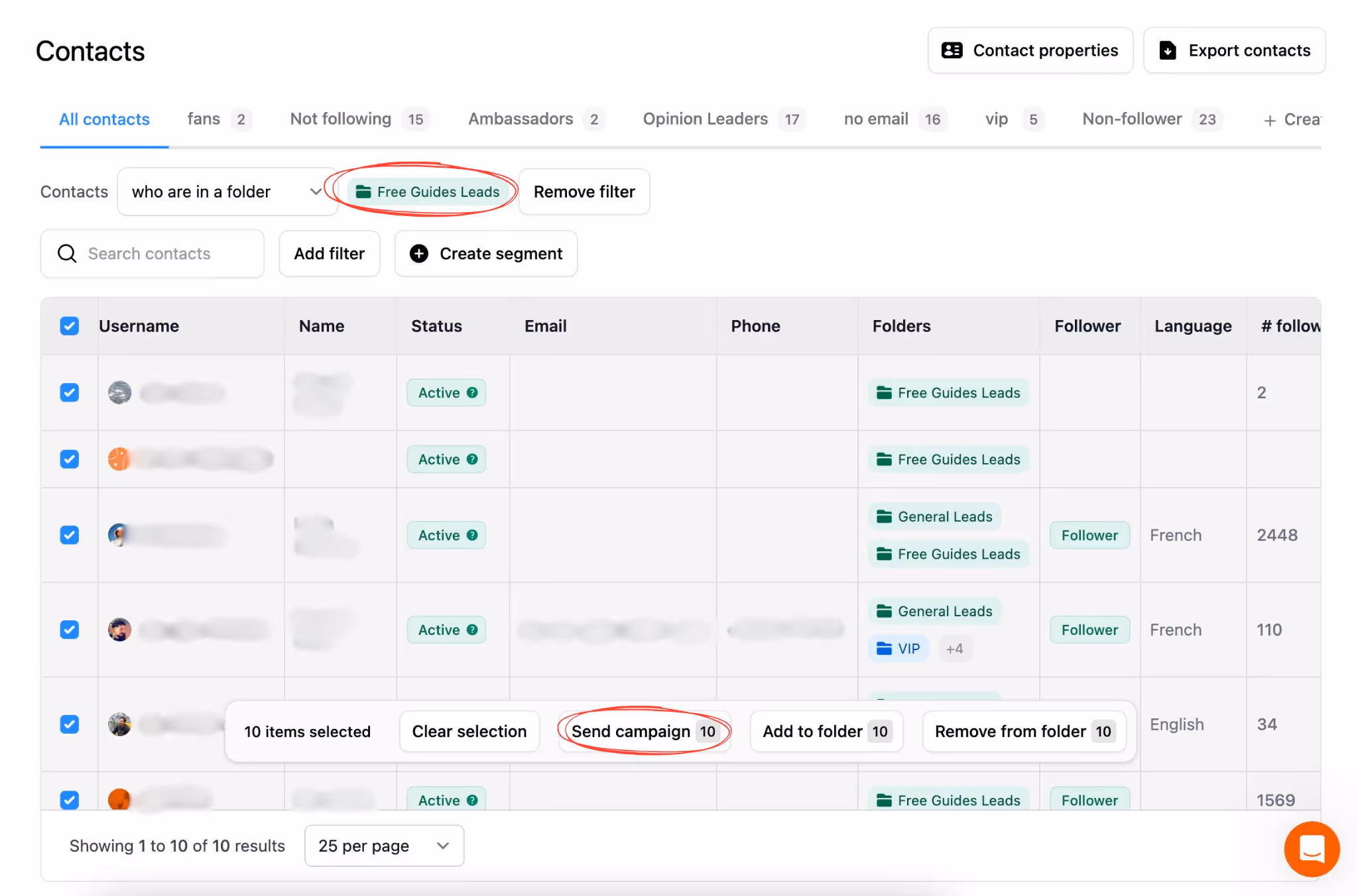Instagram contacts categorized in folders