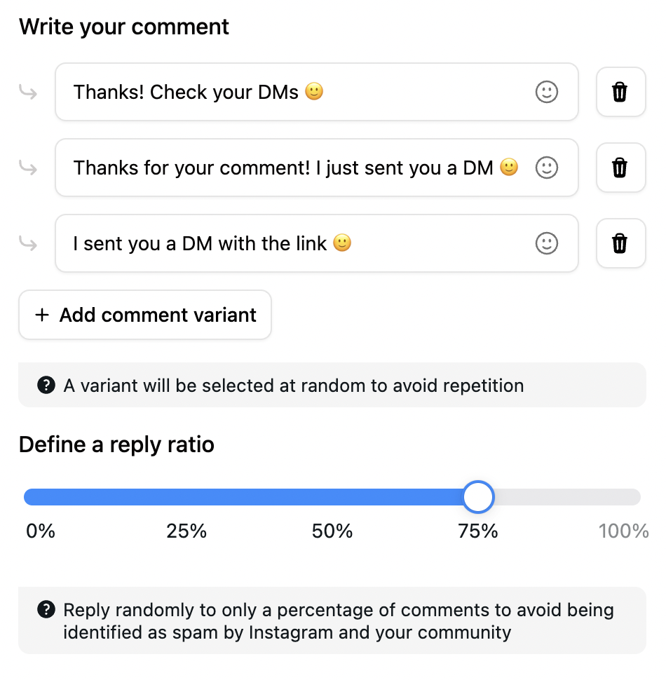 comment ratio to avoid instagram spam