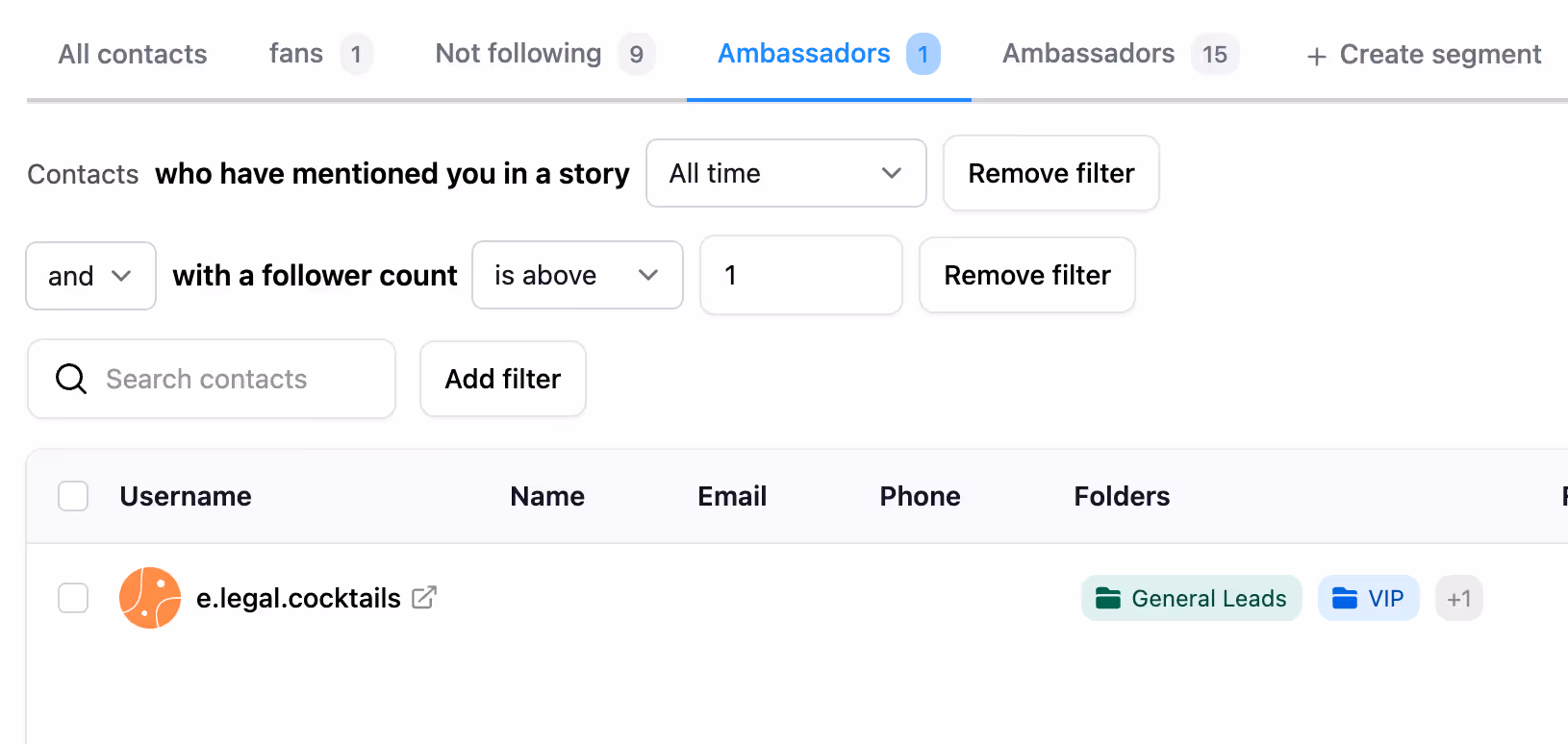 Instagram contacts in segements