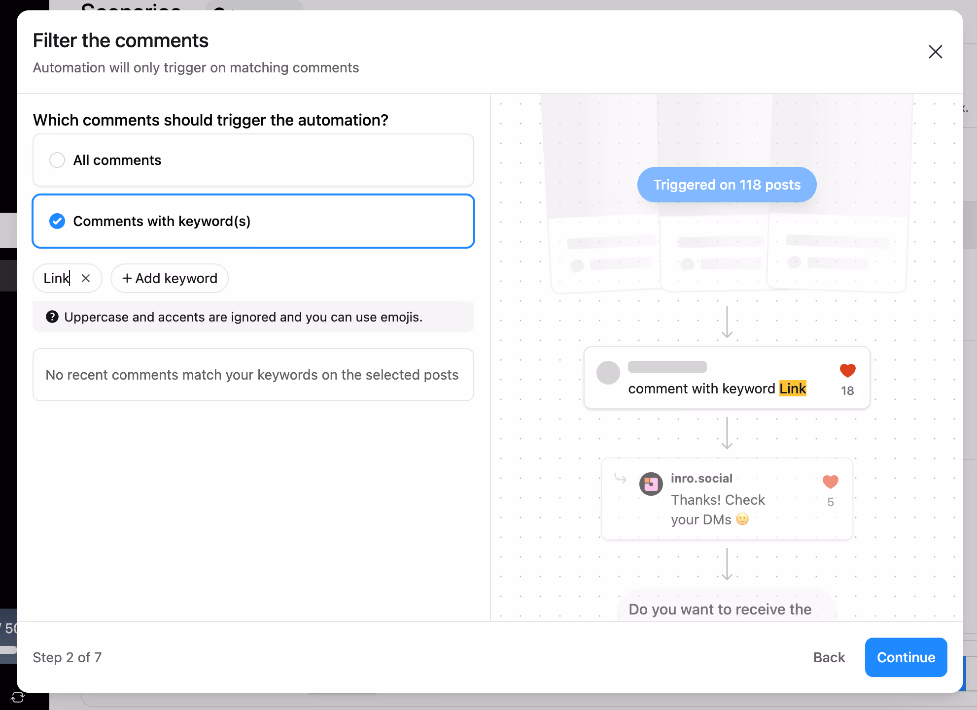 comment to DM automation based on keywords
