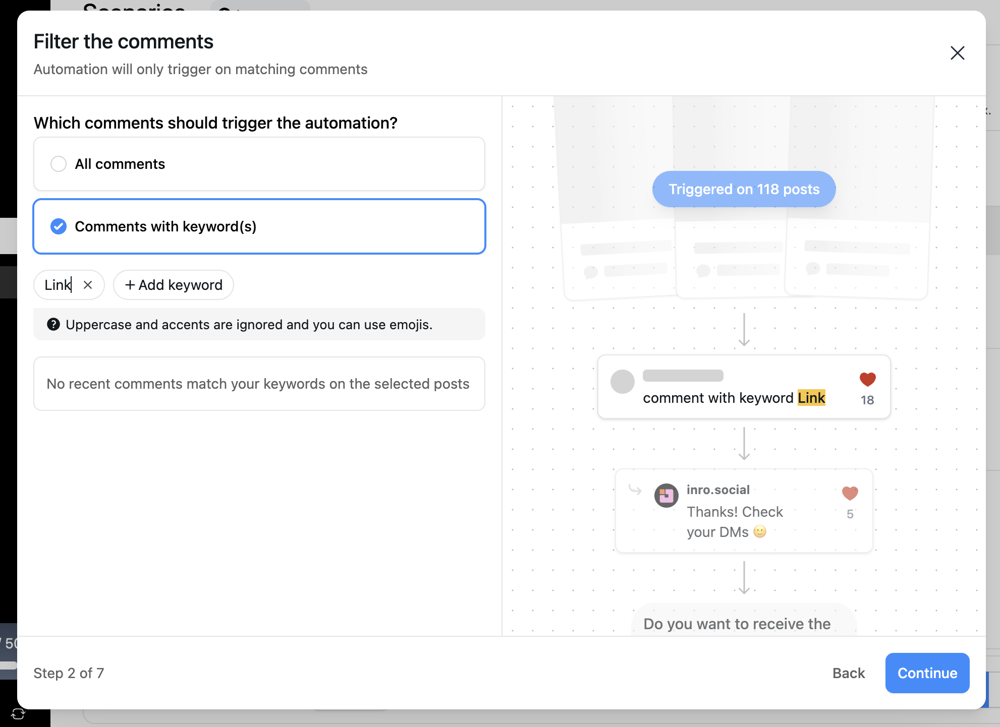 comment to DM automation based on keywords