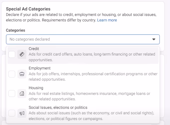 meta ads special categories