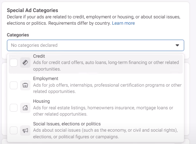 meta ads special categories