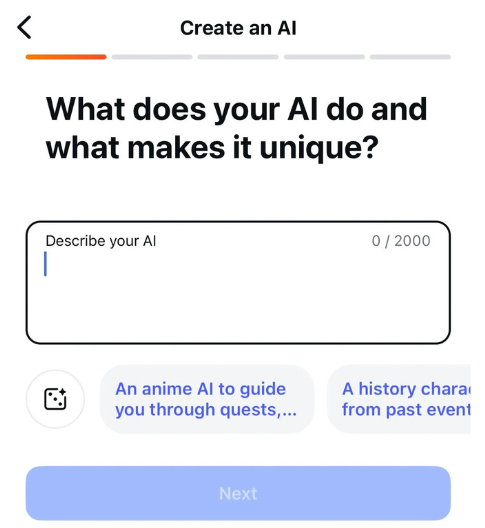 The AI Studio setup flow for naming and describing a custom AI