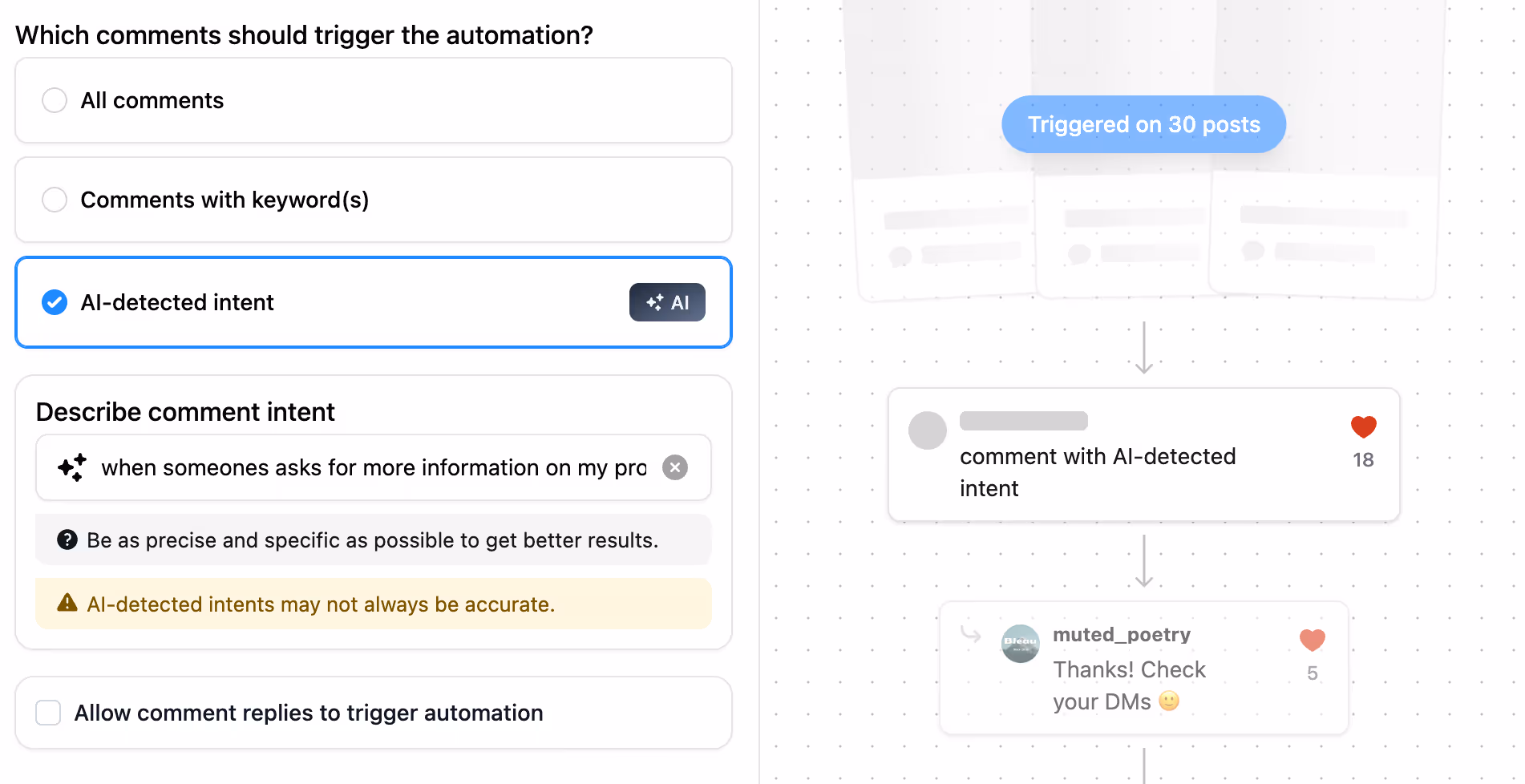 use ai detected intent in instagram comments to trigger an automated reply