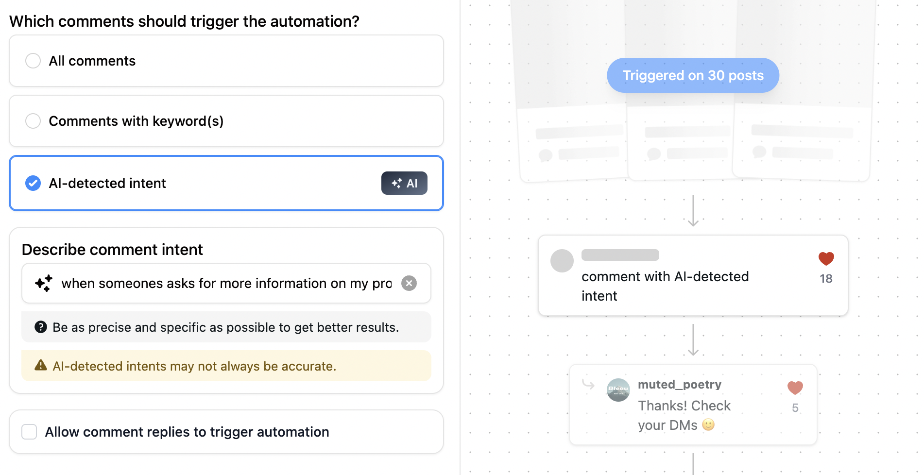 use ai detected intent in instagram comments to trigger an automated reply