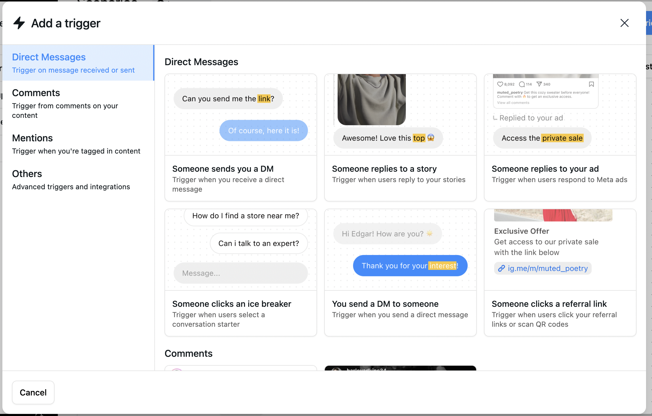 instagram dm automation triggers from comments, story replies, dm replies