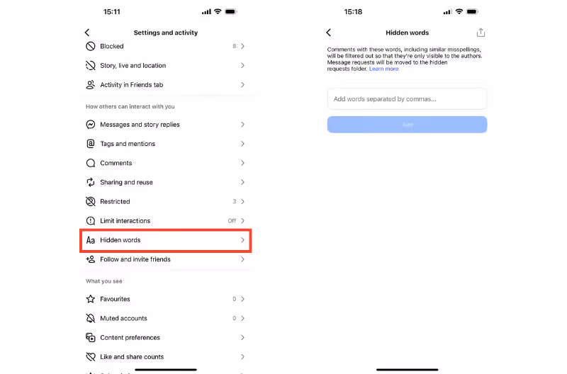hidden words on instagram for comments