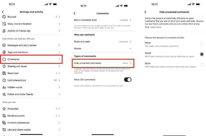 hide unwanted comments on instagram