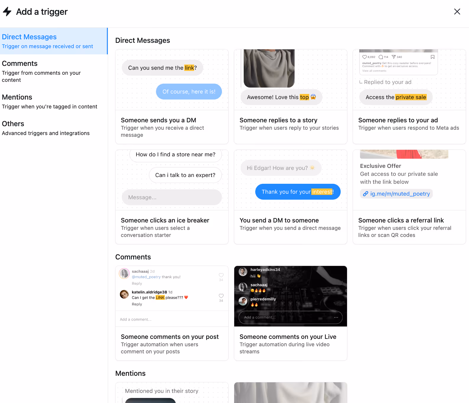 triggers for instagram dm automation