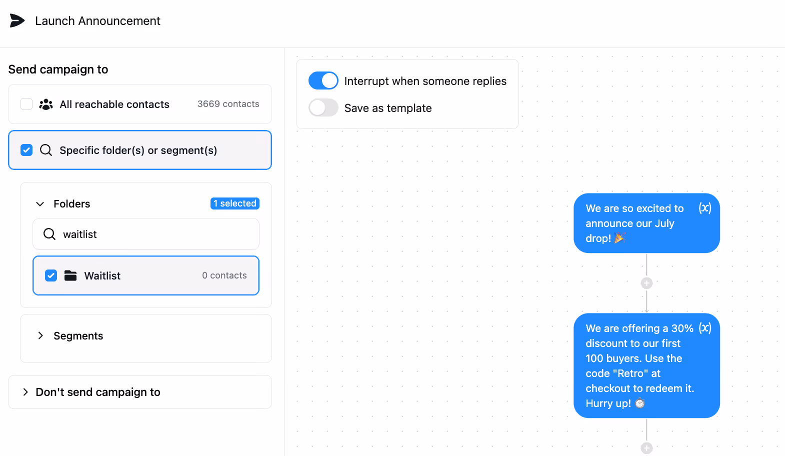 selecting custom audience for DM campaign on instagram