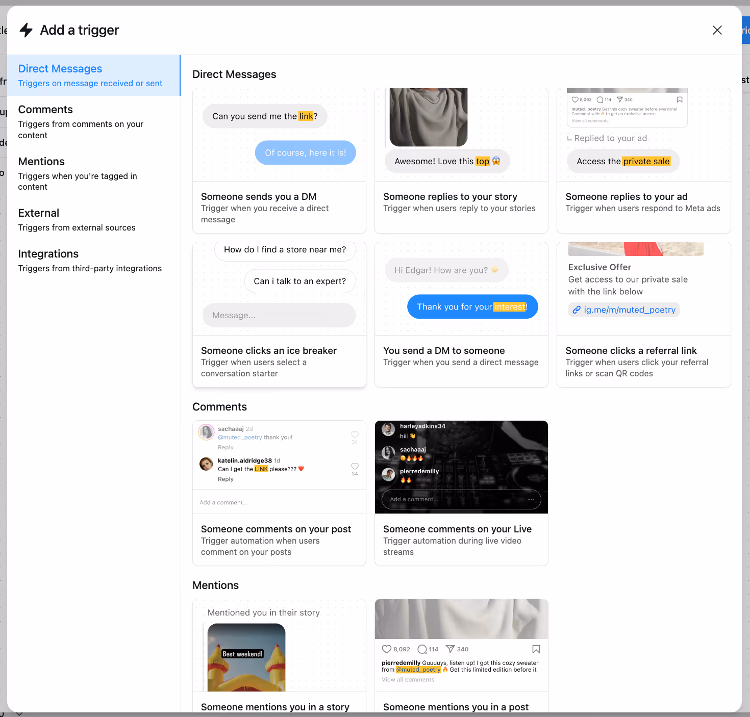 Choose the trigger to automate direct messages on instagram