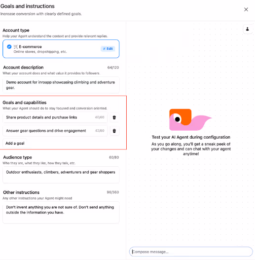 define the goals of your ai agent on instagram