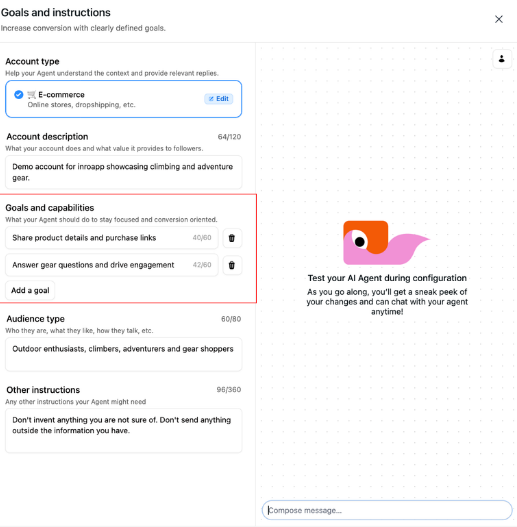 define the goals of your ai agent on instagram