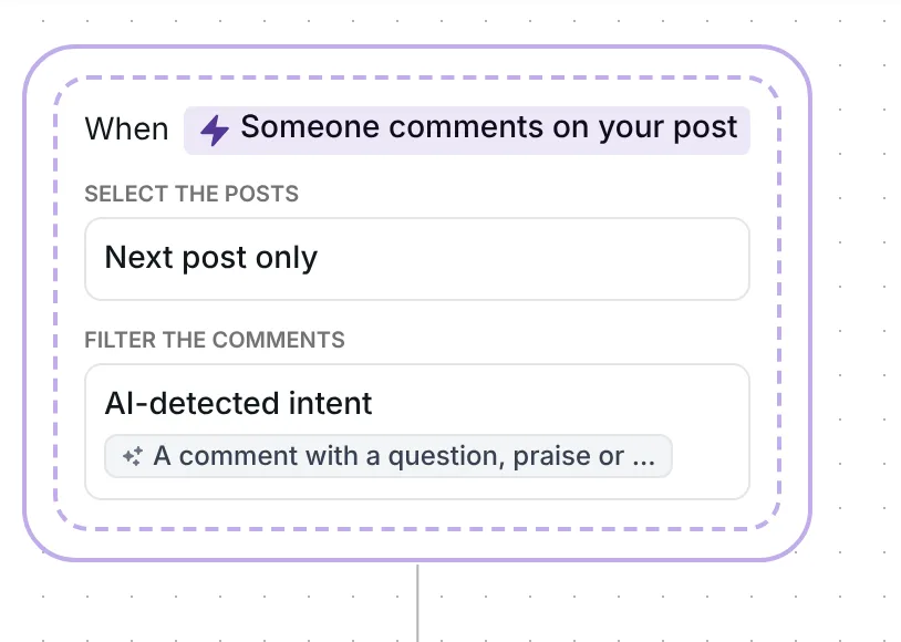 Comment trigger in Inrō: Someone comments on your post, Next post only, AI-detected intent for questions and praise
