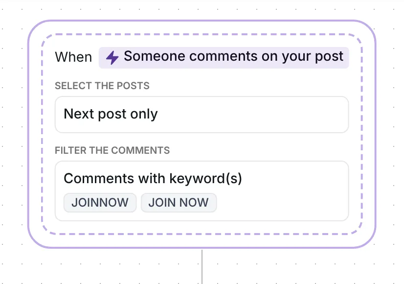 Comment trigger in Inrō: next post only, comments with the keywords JOINNOW and JOIN NOW
