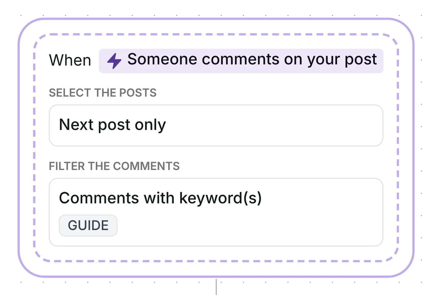 Inrō comment trigger set to Next post only, for comments with the keyword GUIDE