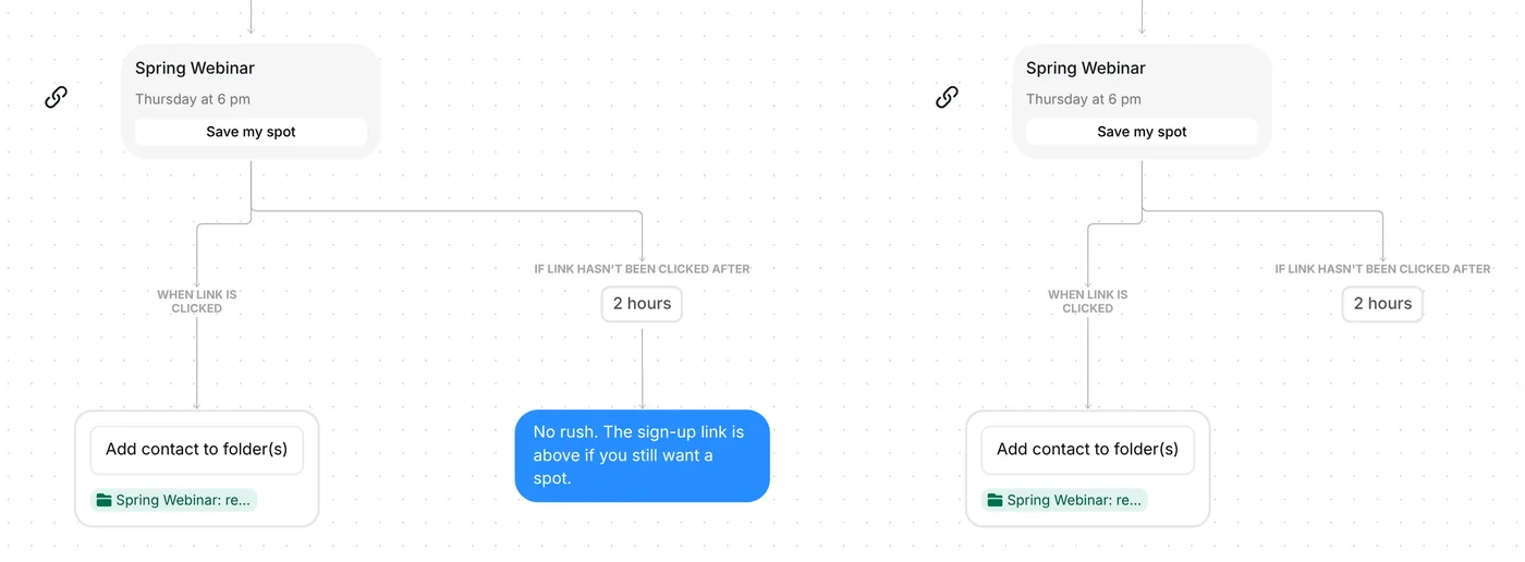 Two Spring Webinar link cards with Save my spot: a tap adds the registered folder, one No rush nudge after 2 hours