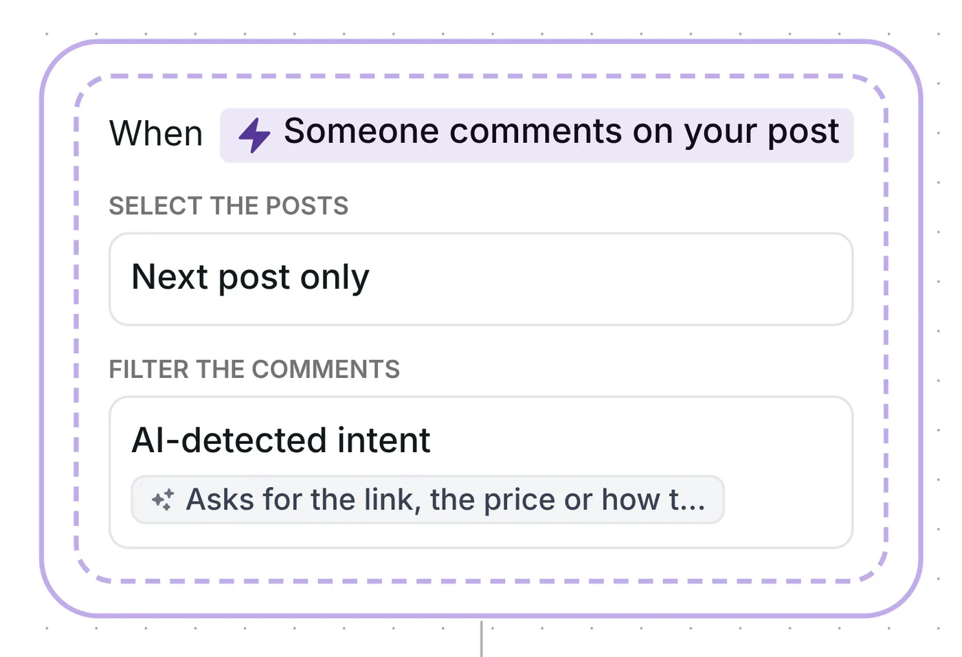 Comment trigger in Inrō: next post only, AI-detected intent, and the start of the plain-words description