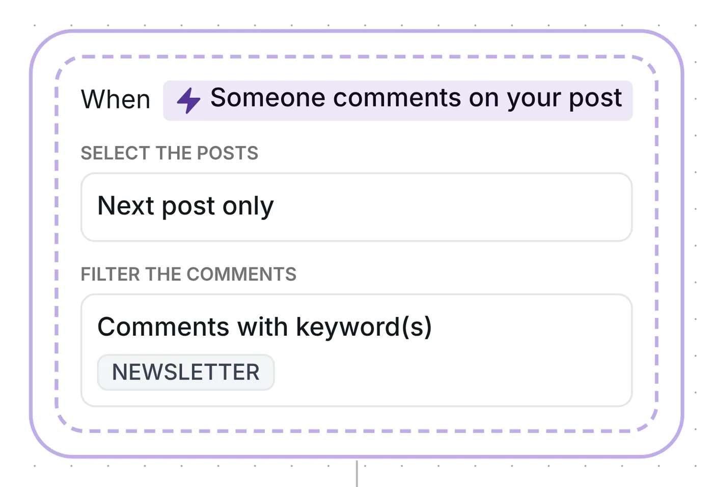 Comment trigger in Inrō: Next post only, comments with the keyword NEWSLETTER