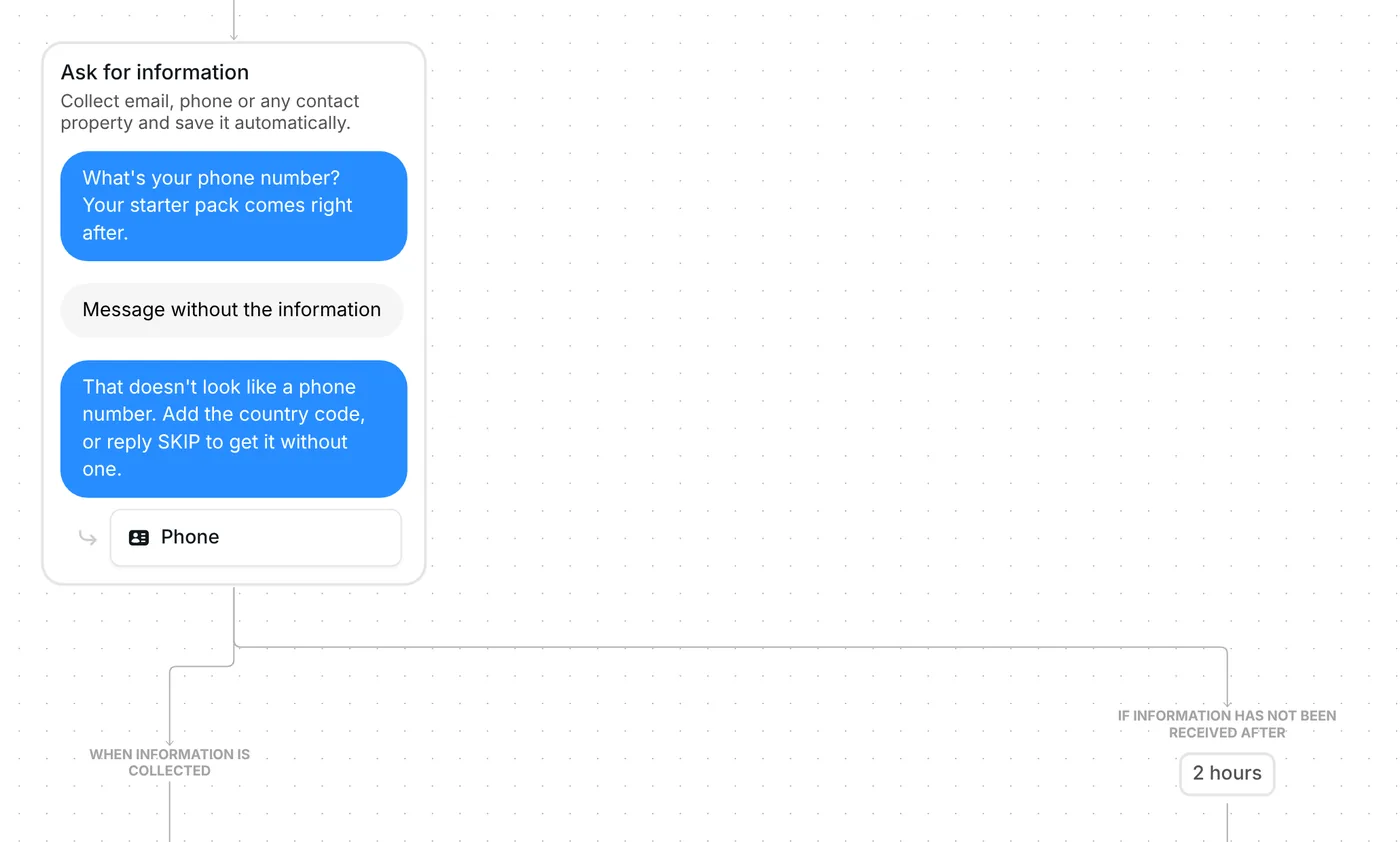 Ask for information step in Inrō: phone number question, re-ask with country code or SKIP, saved to Phone, 2 hour wait