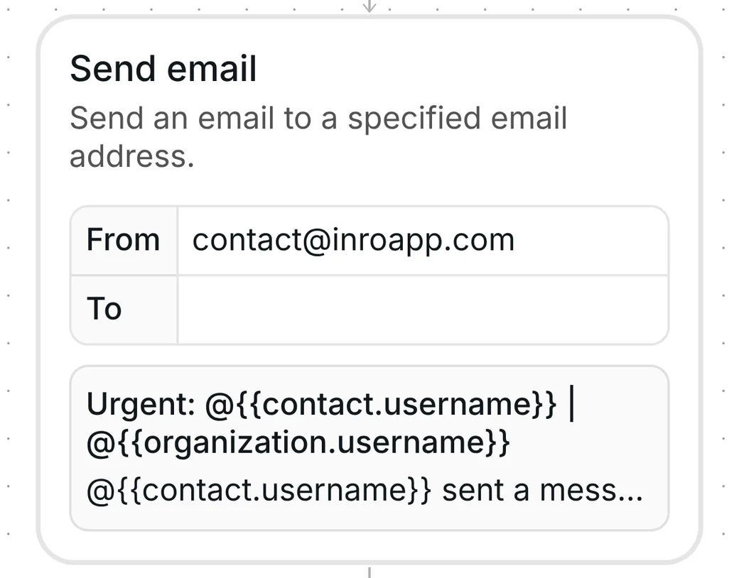 Inrō Send email step: From contact@inroapp.com, empty To field, subject Urgent with the contact's username