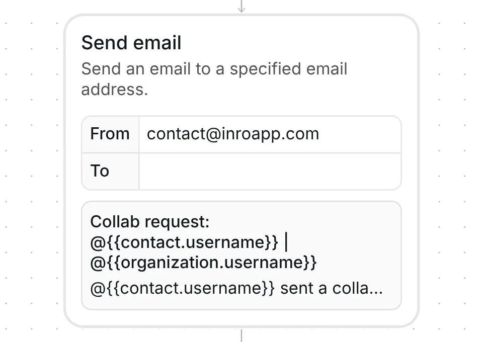 Inrō Send email step: an empty To box and the subject Collab request with the sender and your username