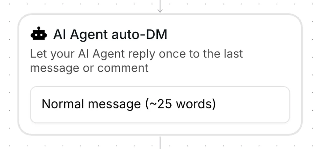 Inrō AI Agent auto-DM step set to a normal message of about 25 words