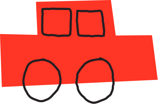 Childlike drawing of a red car with two black-outlined windows and two wheels.