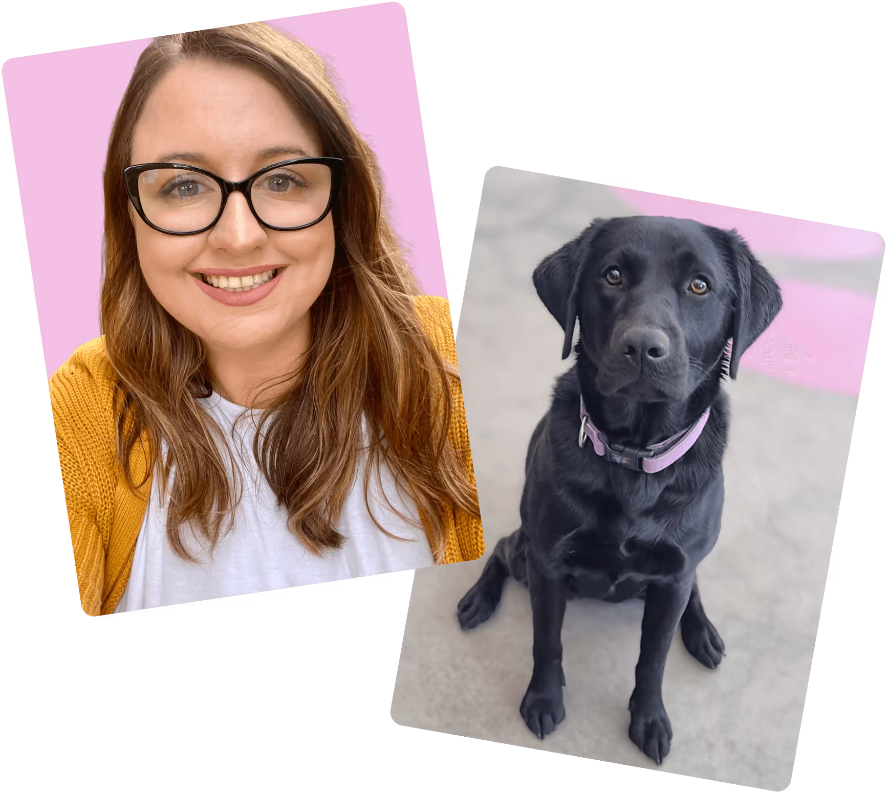 Smiling woman with glasses and long brown hair wearing a yellow cardigan, next to a black Labrador dog with a purple collar sitting on a concrete floor.