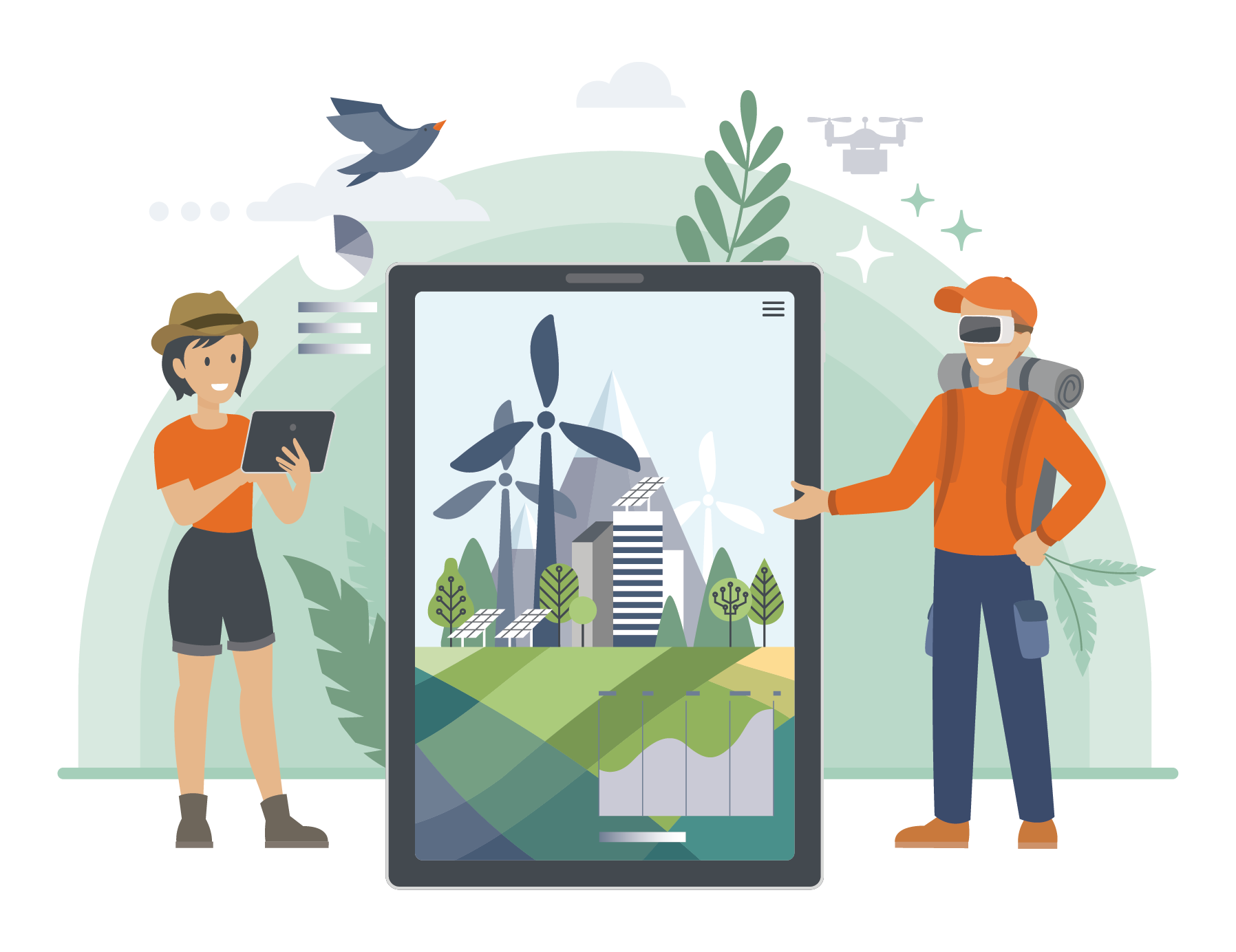 Two individuals using technology with a large tablet showing renewable energy sources like wind turbines and solar panels in a green landscape.