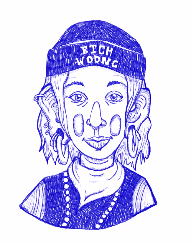 Eine Illustration von Agnes Kopf mit blauem Fineliner. Sie sieht frech aus und definitiv berlinerisch.