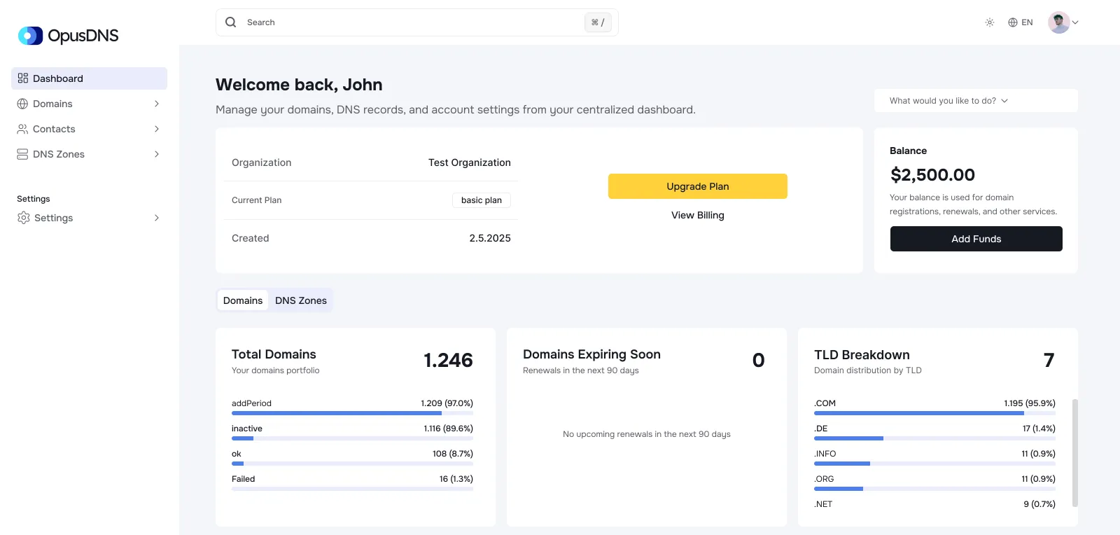White OpusDNS Dashboard